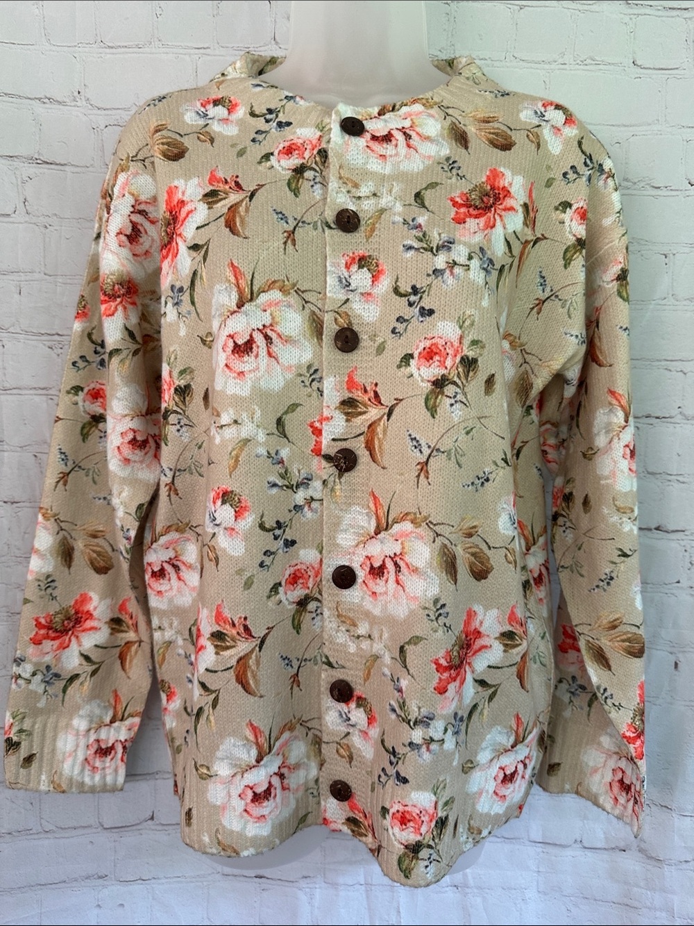 Floral Button-Front Beige Women's Button Down Cardigan New size oversized S